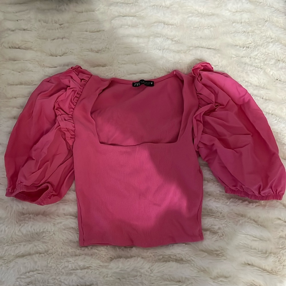 Zara Pink Puff Sleeve Crop Topm